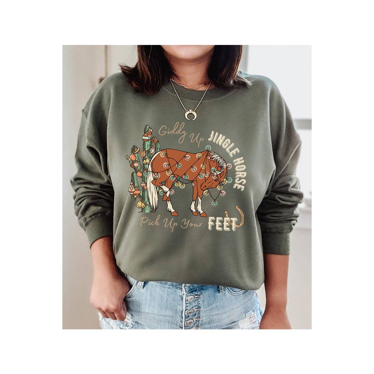 Giddy-up Jingle Horse Sweatshirt - Military Green