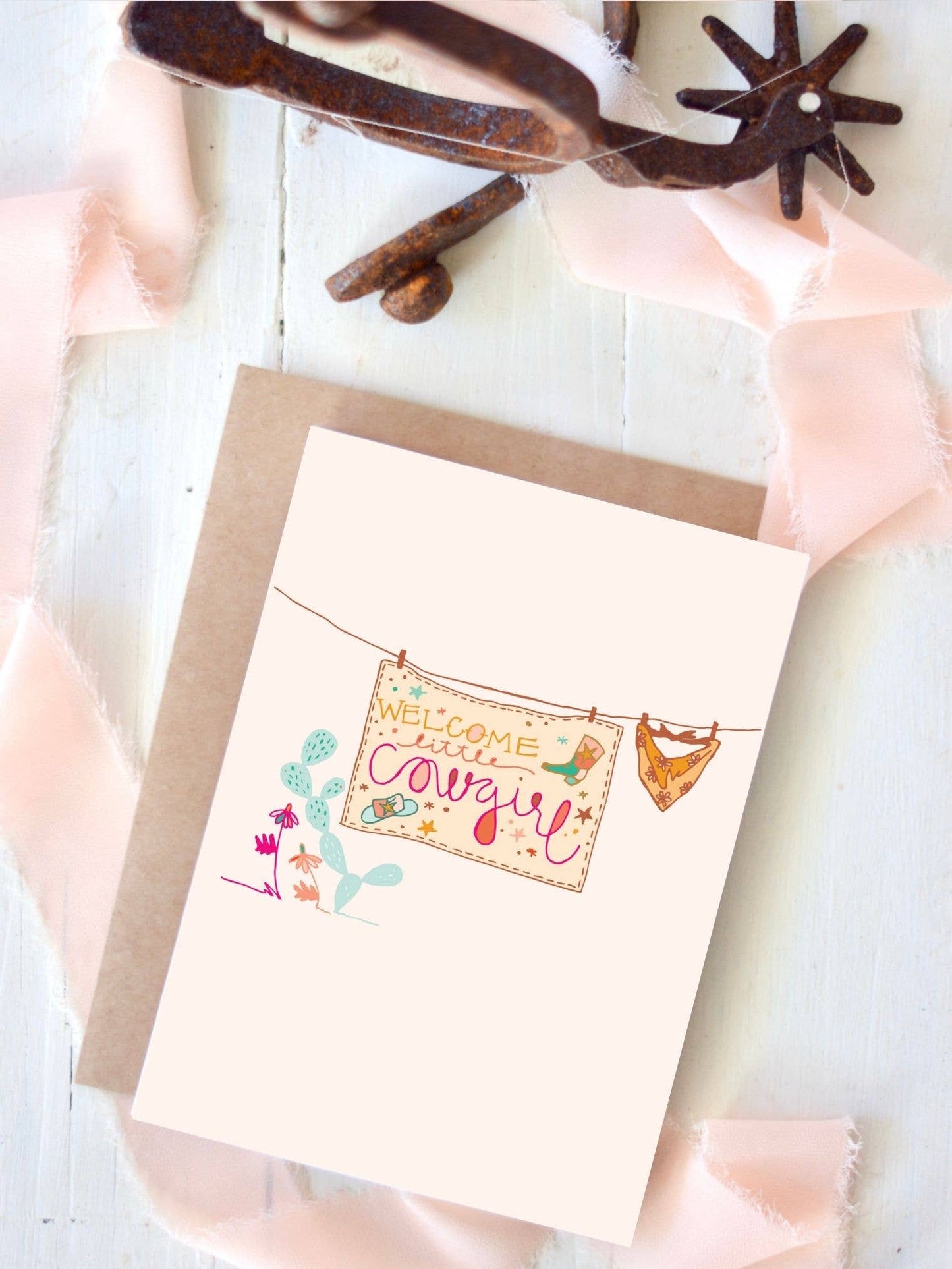 Welcome Little Cowgirl newborn card and envelope