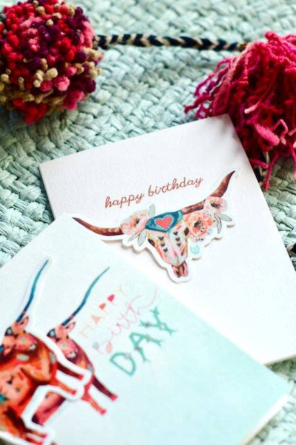 Western Birthday Girl Sticker Card, Floral Cow skull Station