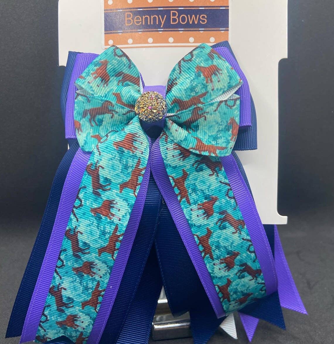 Horse Show Bows - Teal Running Horses on Purple and Navy