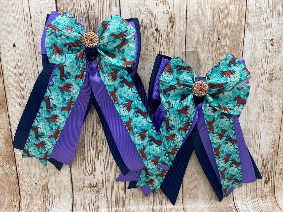 Horse Show Bows - Teal Running Horses on Purple and Navy