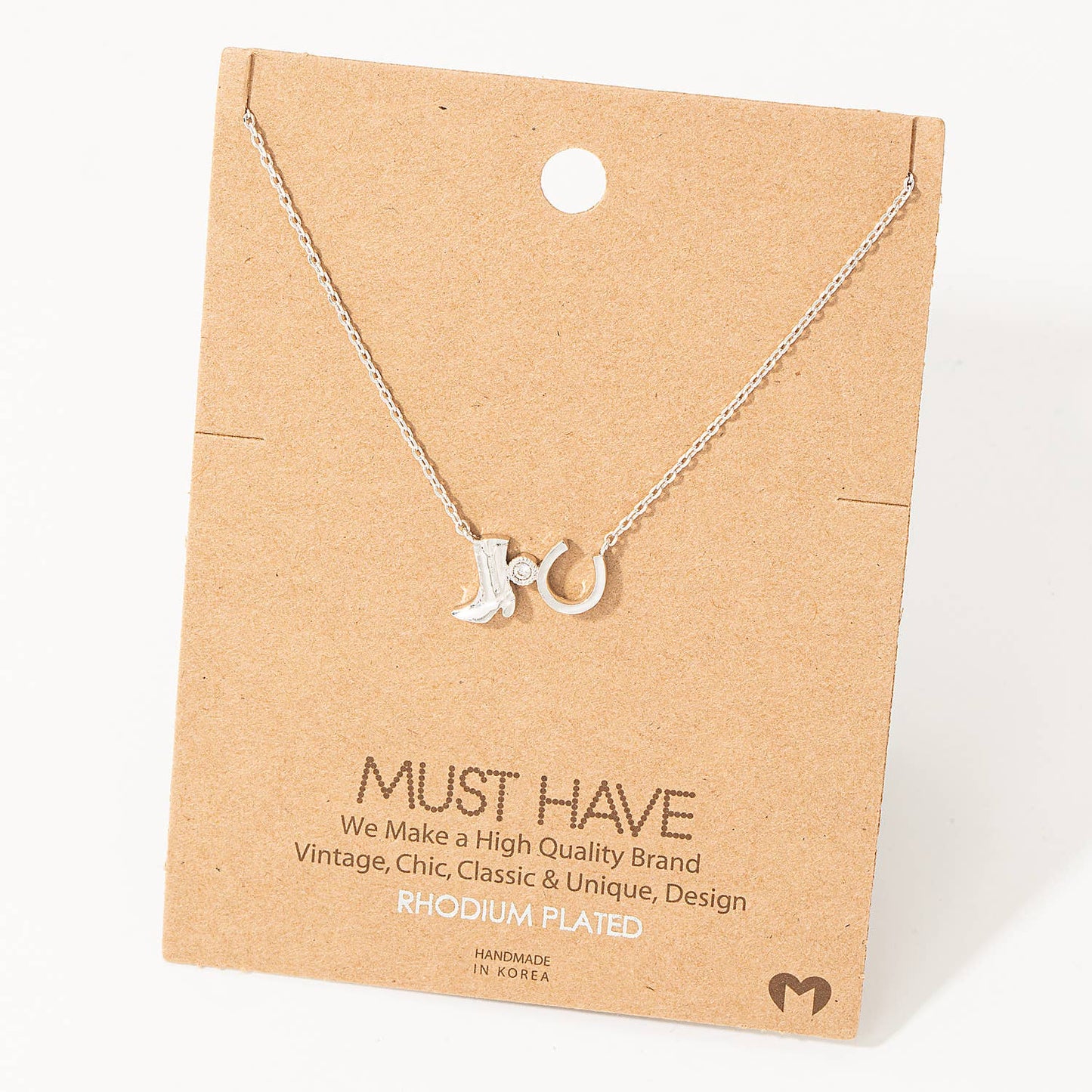 Western Cowboy Boots Horse Shoe Charm Necklace: Gold
