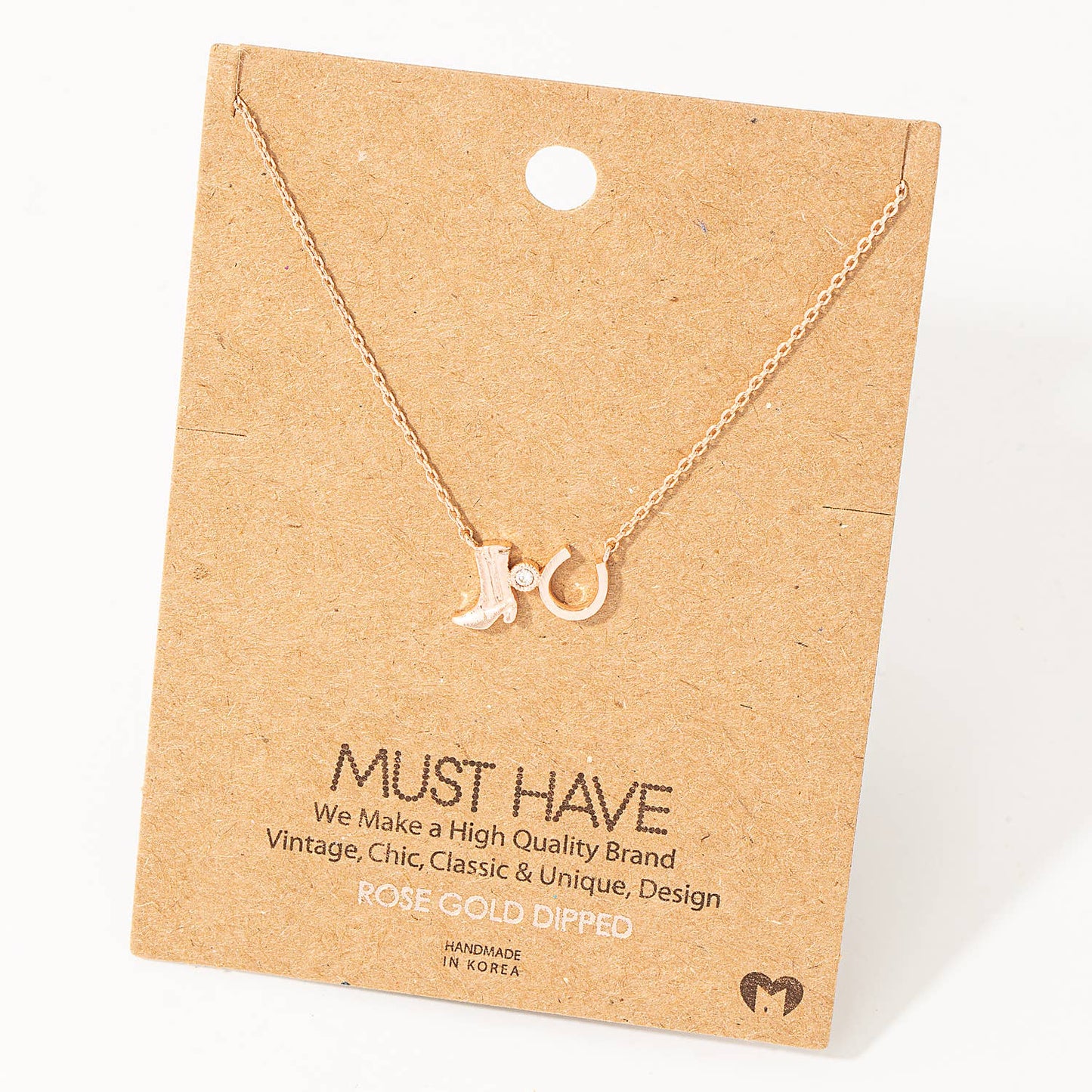 Western Cowboy Boots Horse Shoe Charm Necklace: Gold