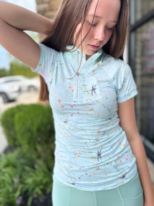Dapplebay Dragonfly Meadow 1/4 Zip Riding Top - Short Sleeve: Green