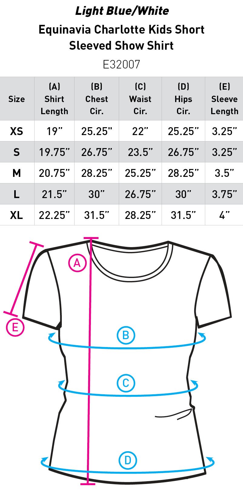 Blue equestrian show shirt size chart