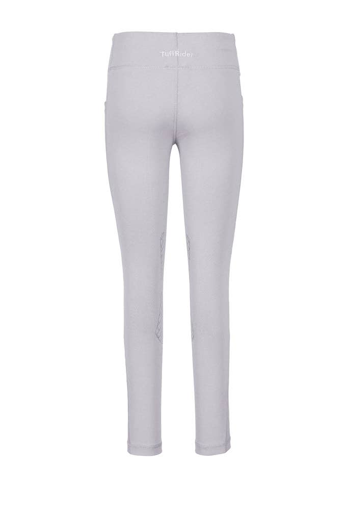 Light gray leggings with a brand logo on a white background