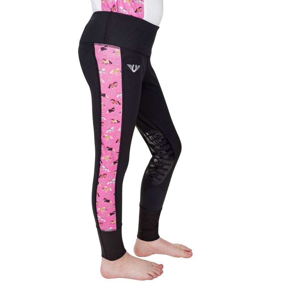 Black leggings with pink patterned side panels on a white background