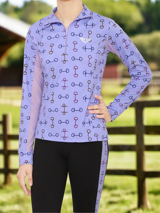 Purple long-sleeve shirt with horse bit pattern worn by a person on a white background