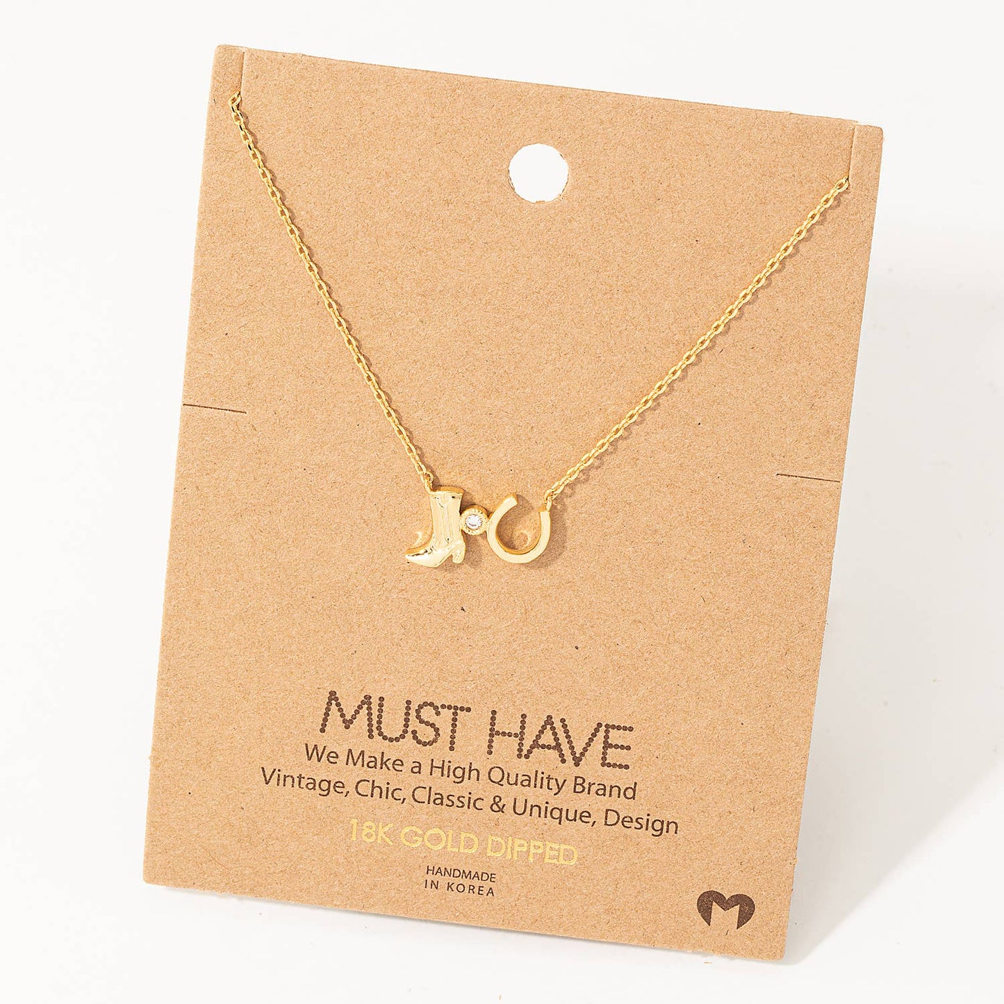 Western Cowboy Boots Horse Shoe Charm Necklace: Gold