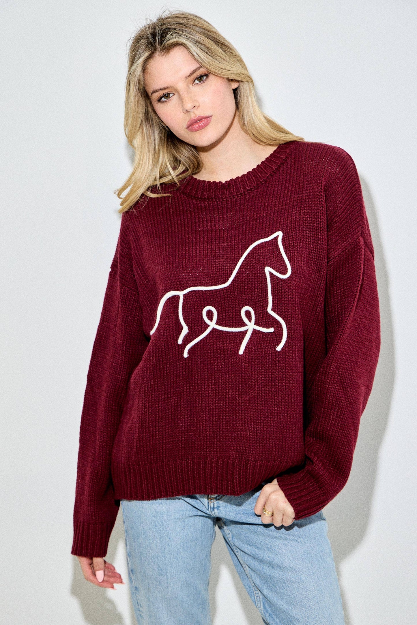 3D HORSE EMBO PULLOVER SWEATER