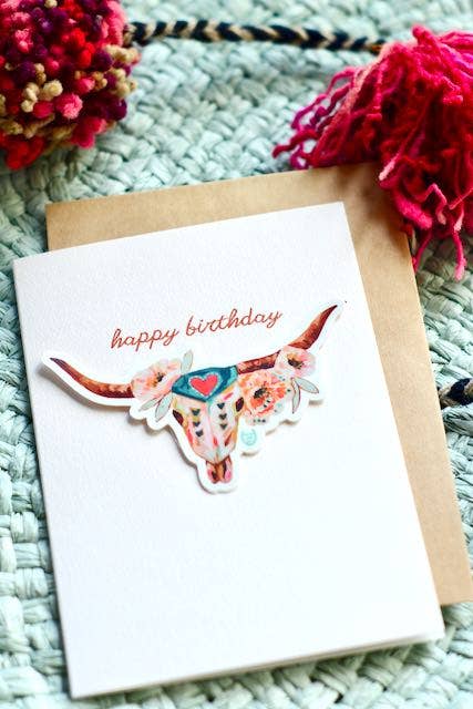 Western Birthday Girl Sticker Card, Floral Cow skull Station