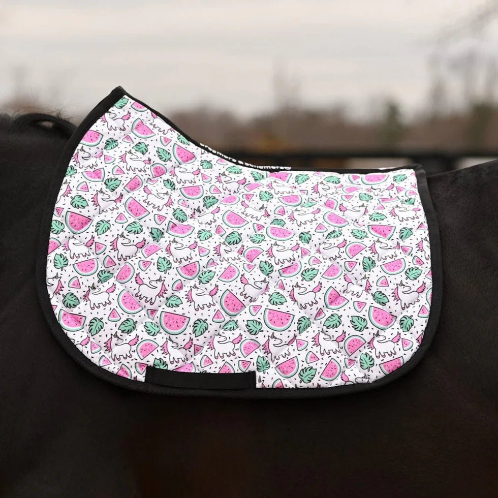 saddle pad with watermelon and unicorns in pink and green