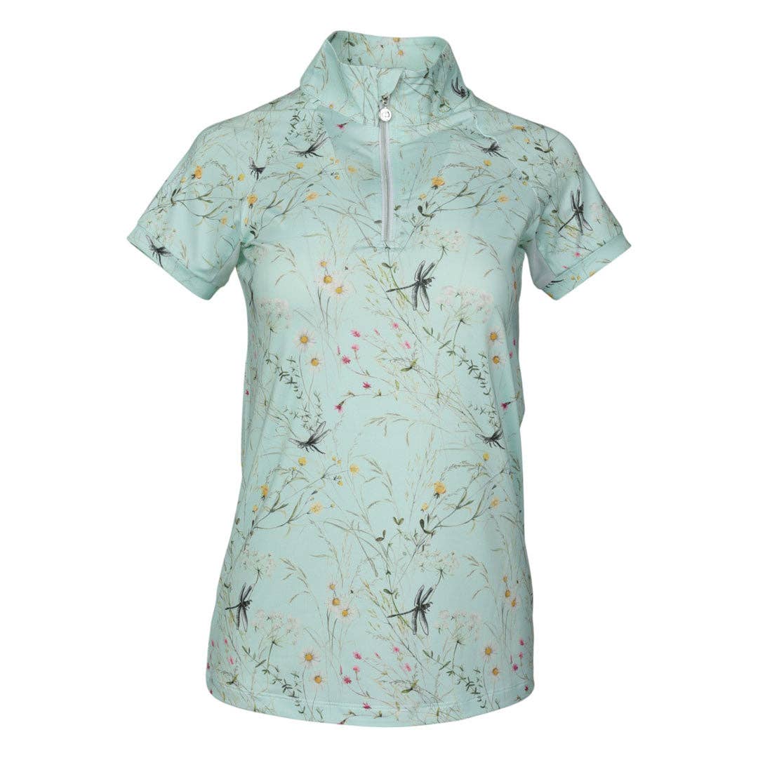 Light blue shirt with dragonfly and floral pattern on a white background