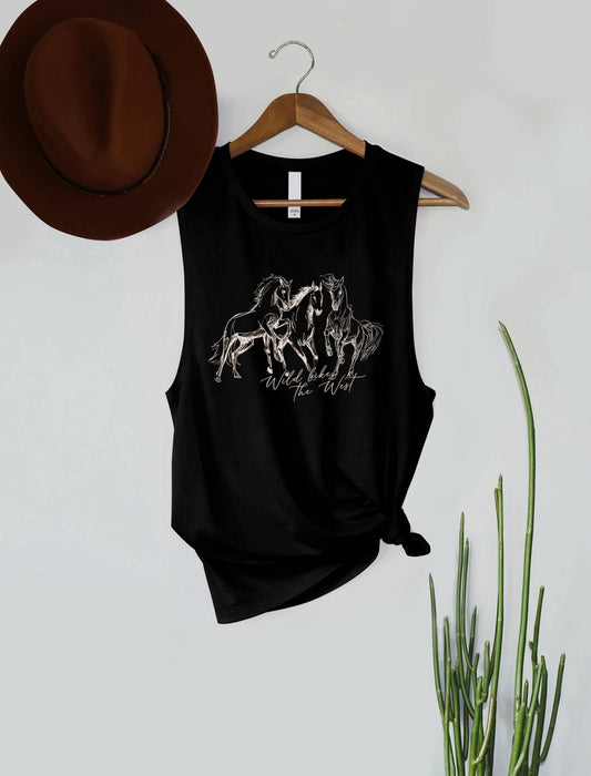 Wild Like The West Horses Graphic Women's Jersey Tank Top: Black