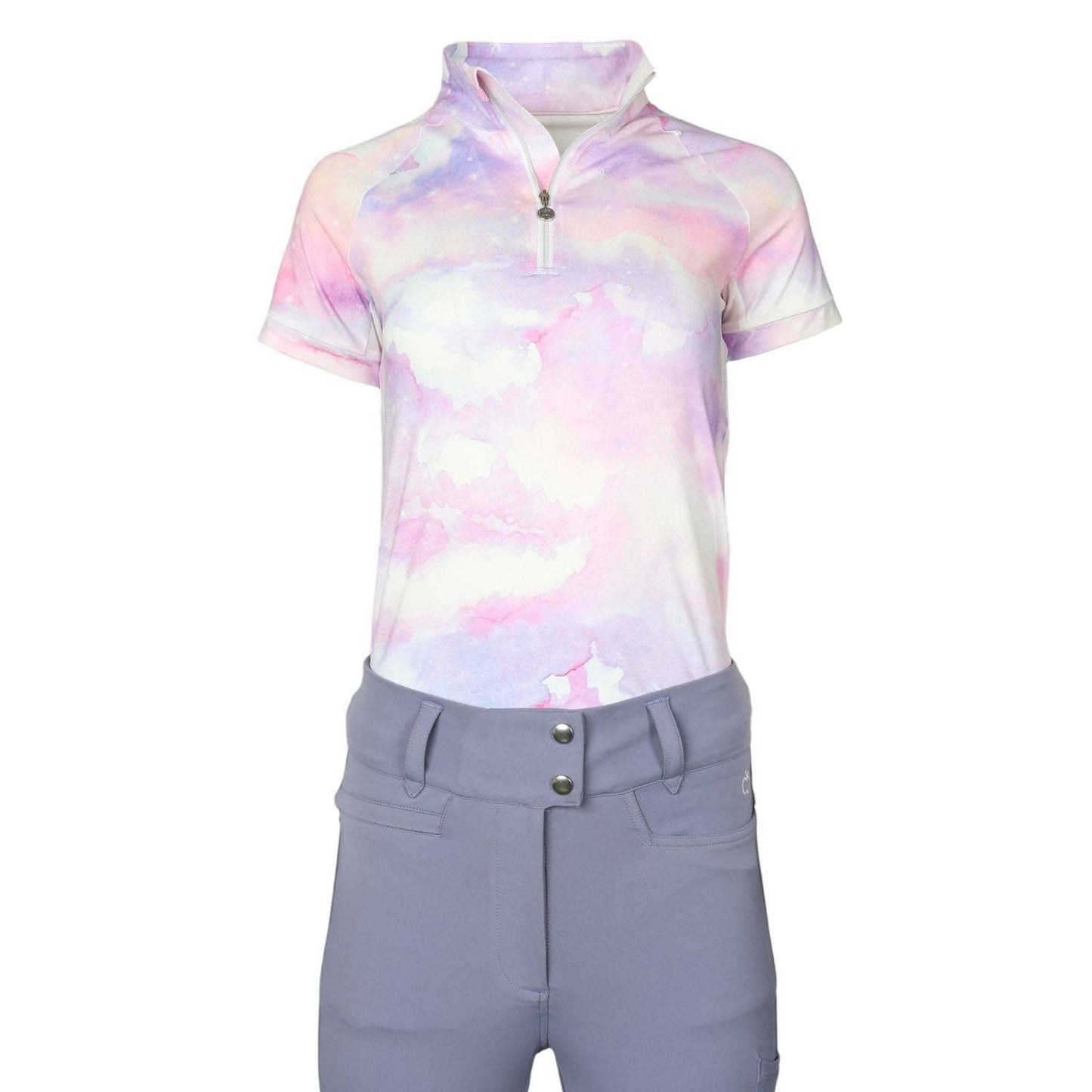 Short-sleeve shirt with tie-dye pattern and gray pants on a white background
