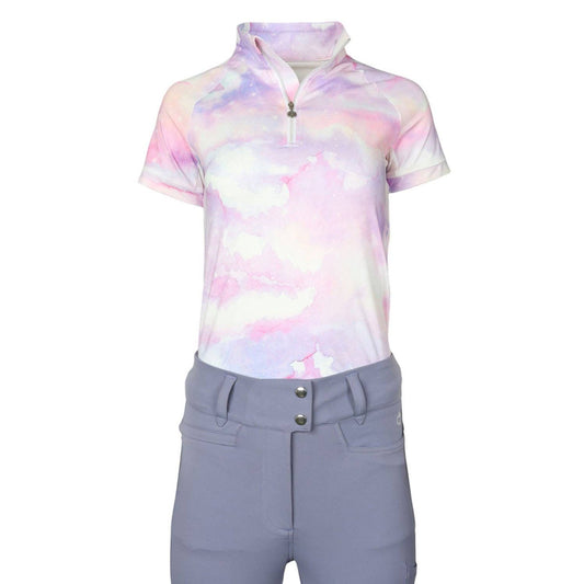 Short-sleeve shirt with tie-dye pattern and gray pants on a white background