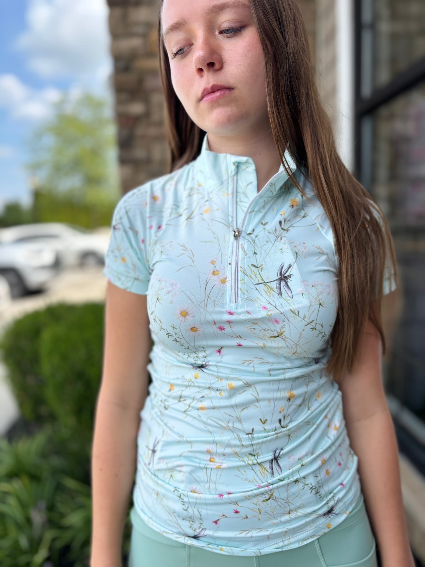 Dapplebay Dragonfly Meadow 1/4 Zip Riding Top - Short Sleeve: Green