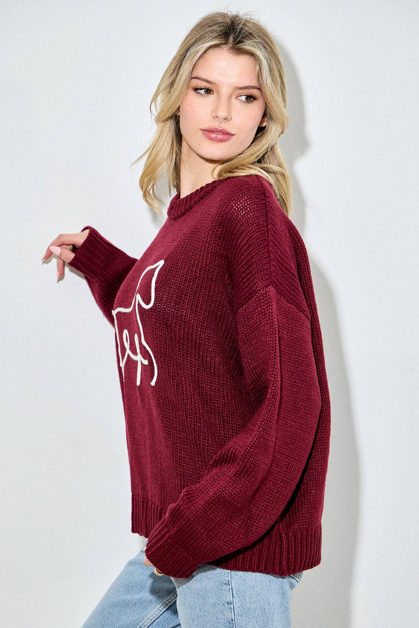 3D HORSE EMBO PULLOVER SWEATER